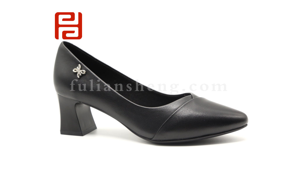 福連升尖頭單鞋女真皮粗跟春款粗高跟淺口休閑工作皮鞋