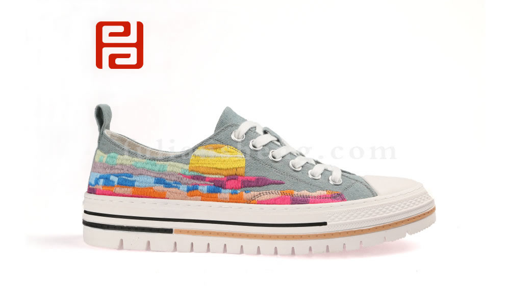 福連升男士刺繡印象派插畫(huà)系帶水洗帆布鞋板鞋老北京布鞋(圖3)